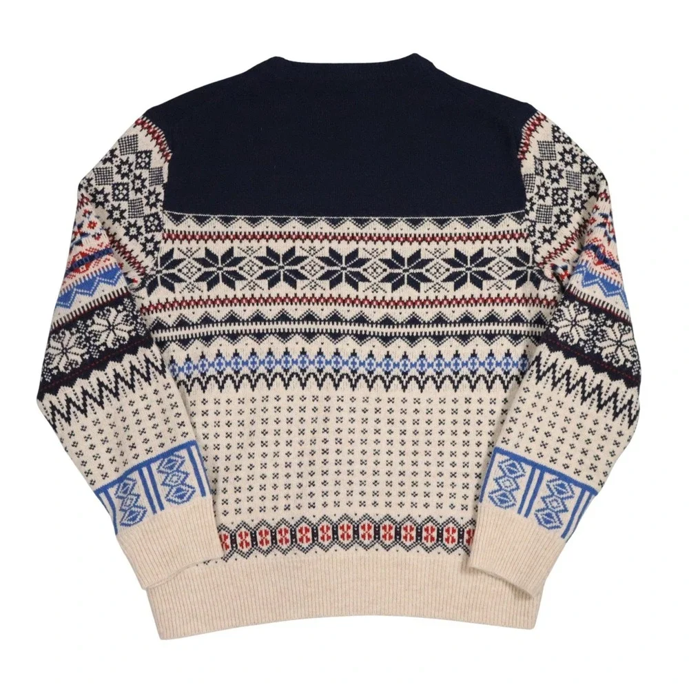 J.Crew Fair Isle 100% Lambswool Crewneck‎ Sweater Mens Medium Navy Cream Nordic